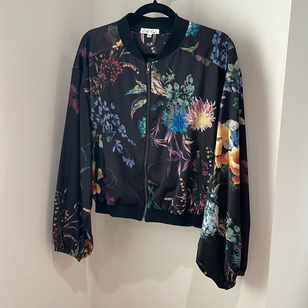 On the Road zip up satin floral jacket.